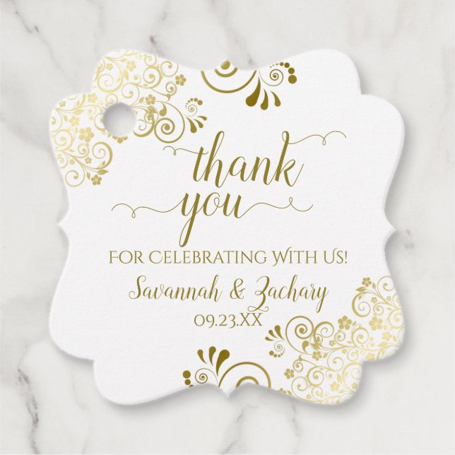 Étiquettes Cadeau Frilly Corners Merci Mariage or et blanc (Devant)