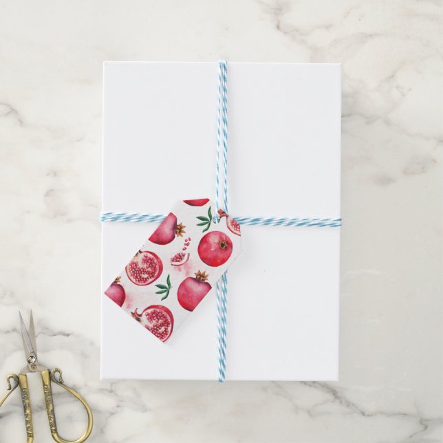 Étiquettes-cadeau Fruit de grenade à l'aquarelle rayée (With Twine)
