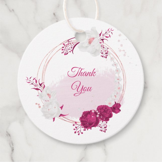 Étiquettes Cadeau fuchsia & blanc mariage floral (Devant)