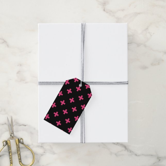Étiquettes-cadeau Fuchsia polka croise sur noir (Avec de la ficelle)