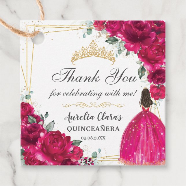 Étiquettes Cadeau Fuchsia Rose Floral Princesse Gown Gold Quinceañer (Devant)