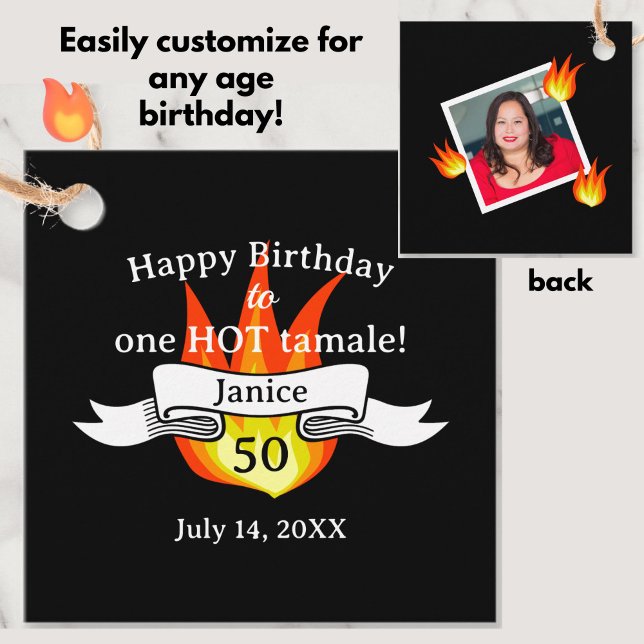 Étiquettes Cadeau Fun 50e anniversaire "Hot Tamale" Photo personnali (Personalize this fun 50th birthday favor tag with a name and photo of the hot tamale! )