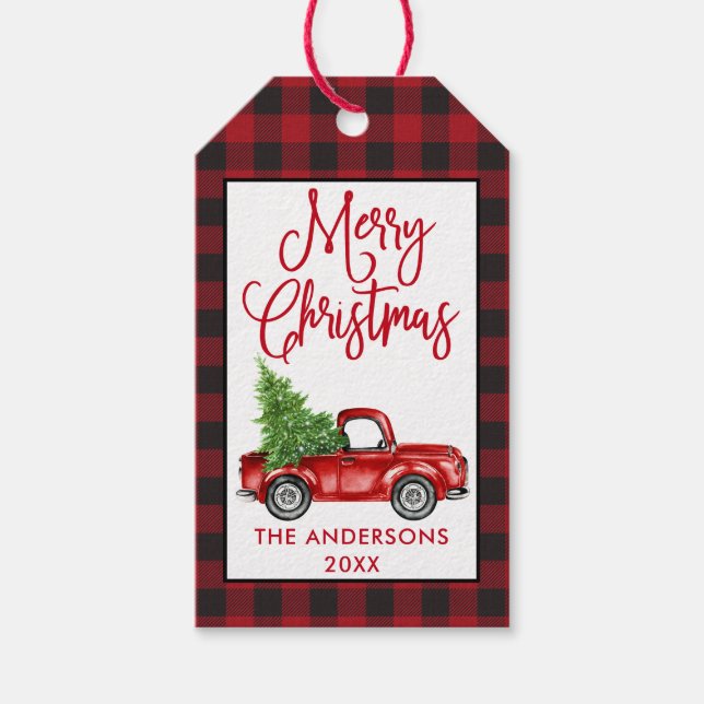 Étiquettes-cadeau Fun Calligraphie Vintage Camion Noël Plaid (Devant)