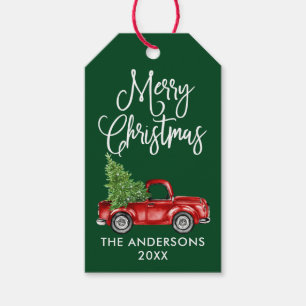 Étiquettes-cadeau Fun Calligraphie Vintage Camion Noël Vert