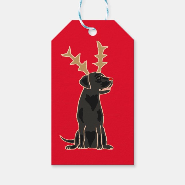 Étiquettes-cadeau Funky Black Lab avec Reindeer Antlers Noël (Devant)