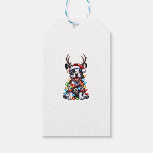 Étiquettes-cadeau Funky French Bulldog Christmas Light Santa Hat Rei (Devant)