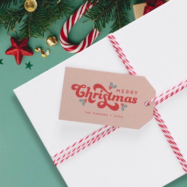 Étiquettes-cadeau Funky Retro les années 70 Holly Jolly Christmas (funky retro 70s Merry Christmas gift tag)