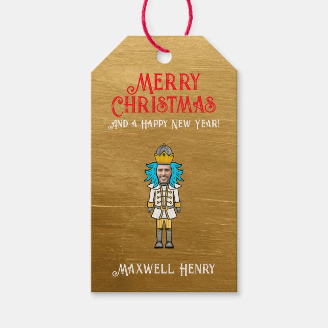 Étiquettes-cadeau Funky Silver Gold Nutcracker Joyeux Noël (Devant)