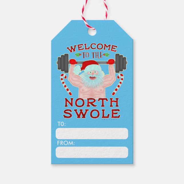 Étiquettes-cadeau Funny Christmas Santa Claus Swole Weightlifter (Devant)