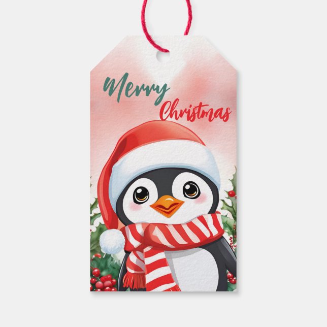 Étiquettes-cadeau Funny Merry Christmas Wreath Cute Penguin Santa (Dos)