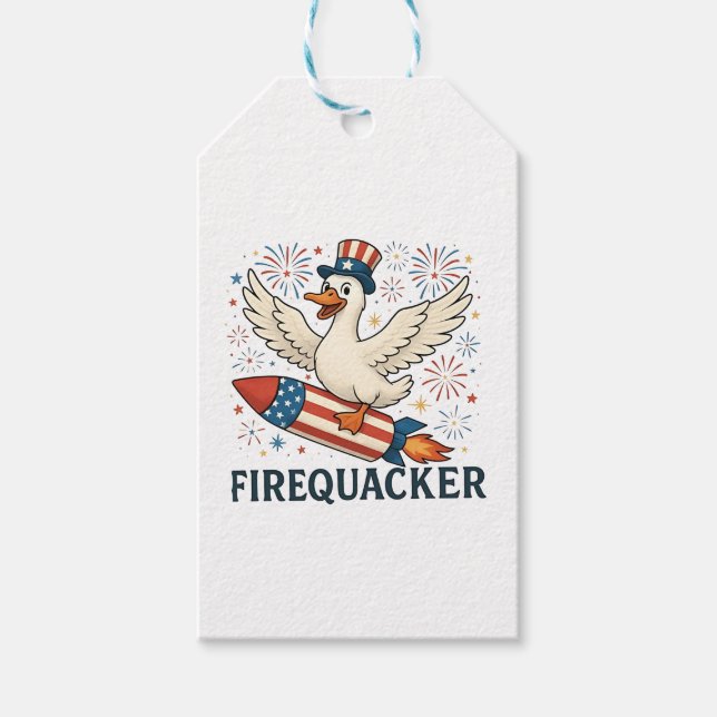 Étiquettes-cadeau Funny Rubber Duck USA Patriotic Firequacker 4e (Devant)