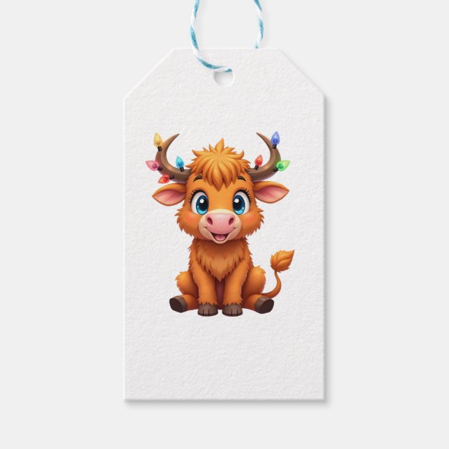 Étiquettes-cadeau Funny Xmas Cow Lights Boys Girls Cute Highland Cow (Devant)