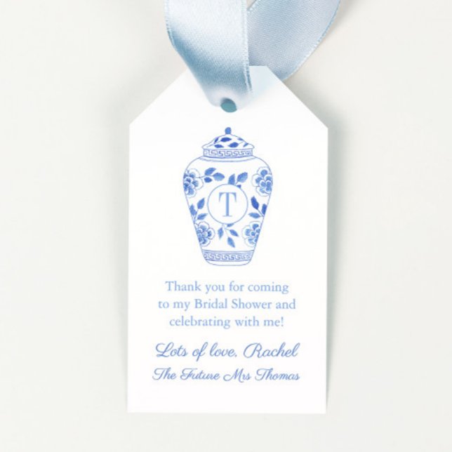 Étiquettes-cadeau Futur Bleu Élégant Salle de Réception pour Demoise (Elegant watercolor Ginger jar with monogram future mrs bridal shower favor tags w/ greek key backer)