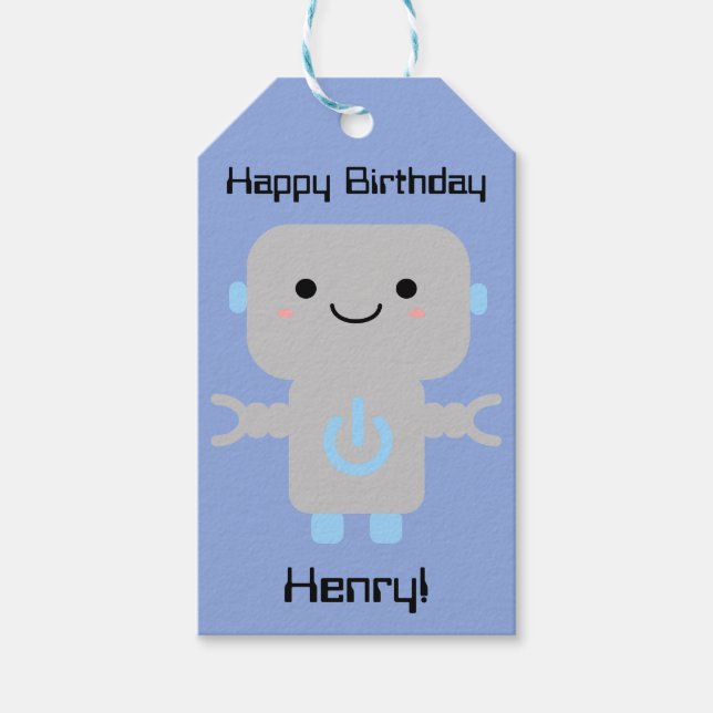 Étiquettes-cadeau Garçon Anniversaire mignon Caricature Robot Bleu (Devant)