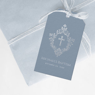 Étiquettes-cadeau Garçon Baptême Bleu Poussiéreux Vintage Croix Crêt