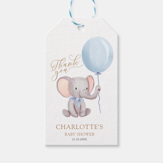 Étiquettes-cadeau Garçon bleu ballon éléphant Baby shower Merci (Devant)