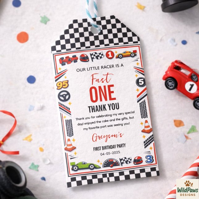 Étiquettes-cadeau Garçon de voiture de course rapide Premier Anniver (Fast One Race Car Boy 1st Birthday Party Gift Tags
)