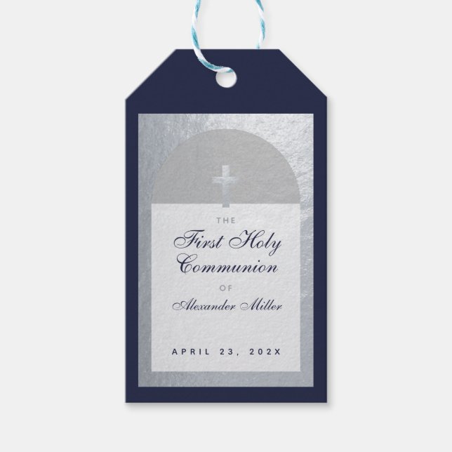 Étiquettes-cadeau Garçon Première Communion Arc Marine Bleu Faux Arg (Devant)