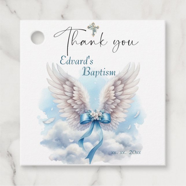Étiquettes Cadeau Garçons Baptême Blue Cloud (Devant)