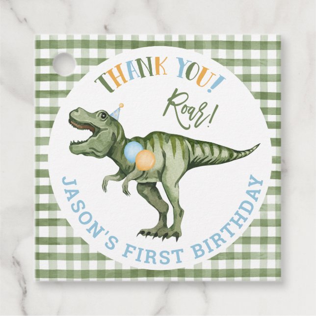 Étiquettes Cadeau Garçons Green Stomp Chomp Roar Dinosaur 1er annive (Devant)