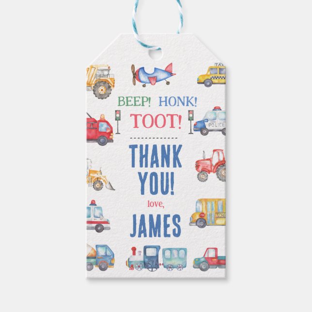 Étiquettes-cadeau Garçons modernes Transport 1er anniversaire Merci (Devant)