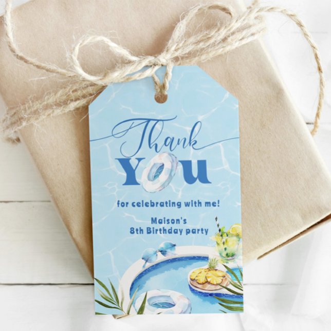 Étiquettes-cadeau Garçons piscine fête d'anniversaire bleu Merci (Créateur téléchargé)