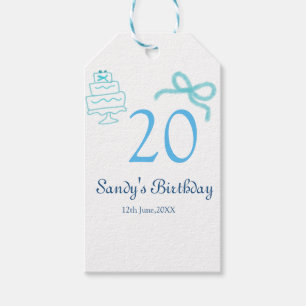 Étiquettes-cadeau Gâteau à ruban bleu pour 20e anniversaire nom date