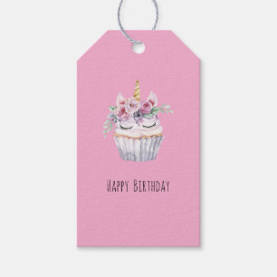 Étiquettes-cadeau Gâteau anniversaire licorne rose fleur