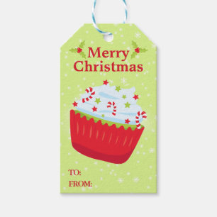 Étiquettes-cadeau Gâteau cupcake de Noël rouge et vert festif