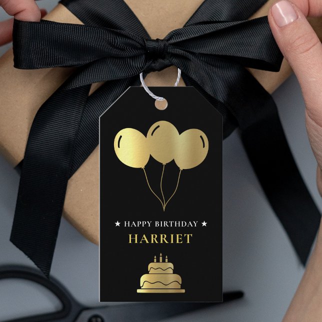 Étiquettes-cadeau Gâteau d'anniversaire Black & Gold Ballotte (Black & Gold Balloon Birthday Cake Gift Tags)