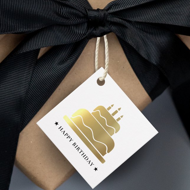 Étiquettes Cadeau Gâteau d'Anniversaire Blanc & Or Joyeux À De (White & Gold Happy Birthday Cake To From Favor Tags)