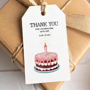 Étiquettes-cadeau Gâteau d'anniversaire rose avec bougie allumée