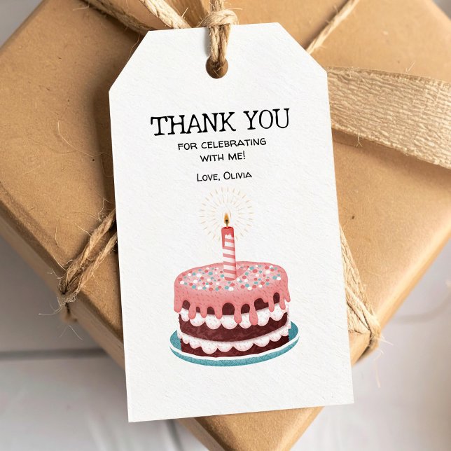 Étiquettes-cadeau Gâteau d'anniversaire rose avec bougie allumée (Créateur téléchargé)