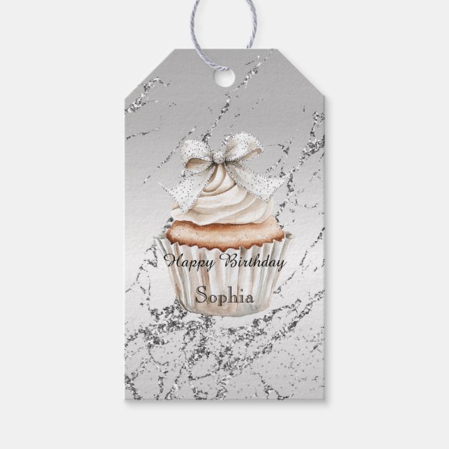 Étiquettes-cadeau Gâteau Glitzy Argent Blanc Anniversaire (Devant)