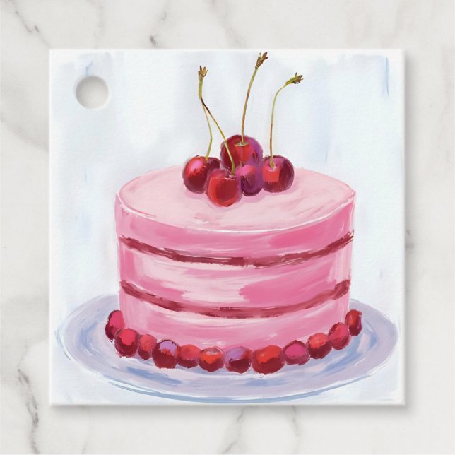 Étiquettes Cadeau Gâteau Rose Cerise Fête Aquarelle Célébration (Devant)