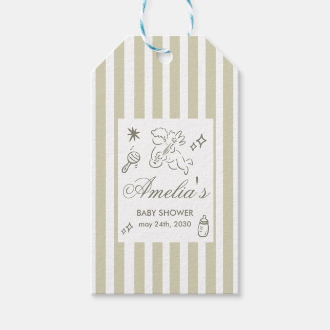 Étiquettes-cadeau Gender Neutral doodle cupid Baby Shower Green (Devant)