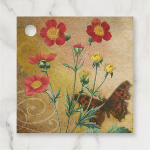 Étiquettes Cadeau Geum Rouge Rustique & Papillon Floral