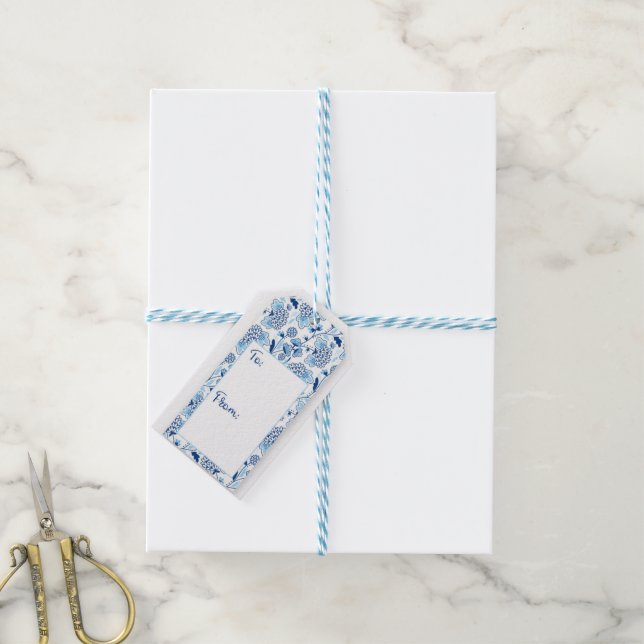 Étiquettes-cadeau Gift Tag Floral Blue logo. (Avec de laficelle)