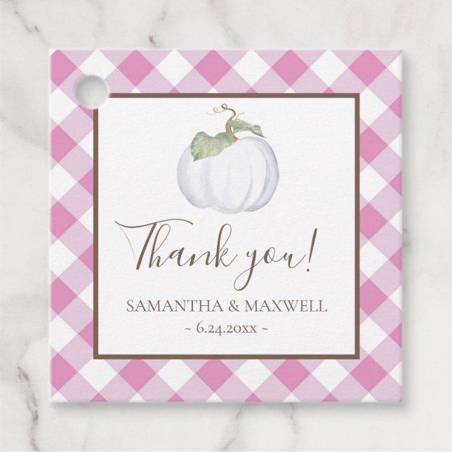 Étiquettes Cadeau Gingham rose et citrouille blanche Merci (Devant)