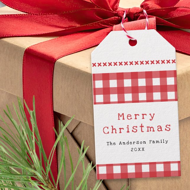 Étiquettes-cadeau Gingham Rustique Rouge Blanc Joyeux Noël (A personalized Christmas gift tag, with rustic red and white gingham pattern and cross stitch effect)