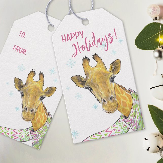 Étiquettes-cadeau Girafe avec foulard de Noël Cute drôle L'art anima (Créateur téléchargé)