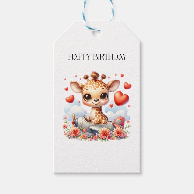Étiquettes-cadeau Girafe Avion Anniversaire (Devant)