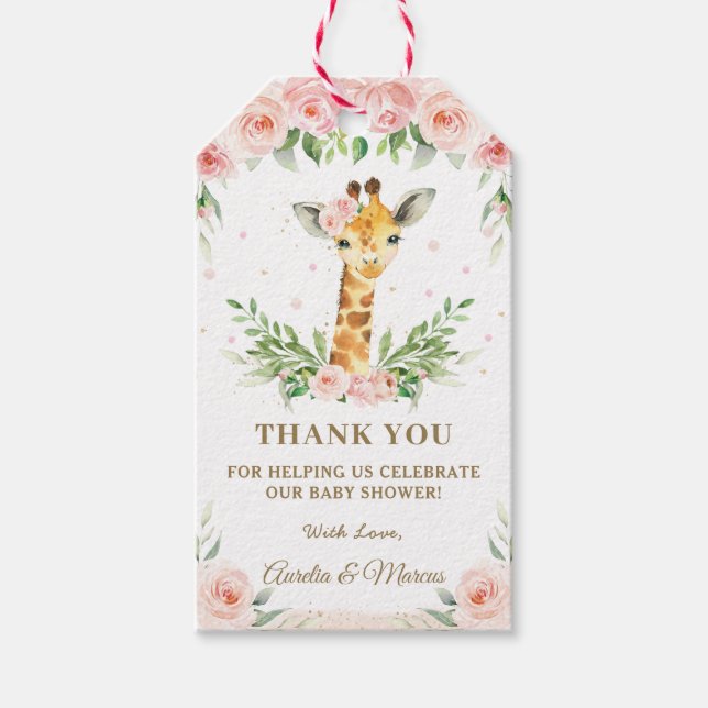 Étiquettes-cadeau Girafe rose Floral Jungle Animaux Baby shower (Devant)