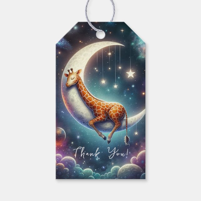 Étiquettes-cadeau Giraffe de bébé céleste dormant sur la lune et les (Devant)