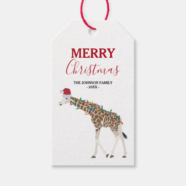 Étiquettes-cadeau Giraffe de Noël animal drôle avec carte de chapeau (Devant)