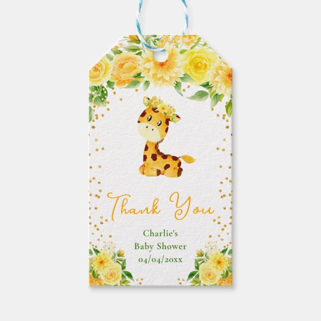 Étiquettes-cadeau Giraffe Jaune Baby shower Floral Merci (Devant)