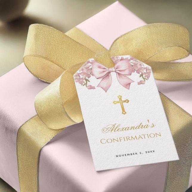 Étiquettes-cadeau Girl Confirmation Pink Bow Faux Gold Cross Floral (Créateur téléchargé)
