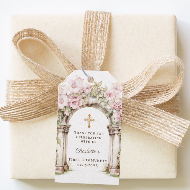 Étiquettes-cadeau Girl First Communion Pink Florals Arch Cross (Créateur téléchargé)