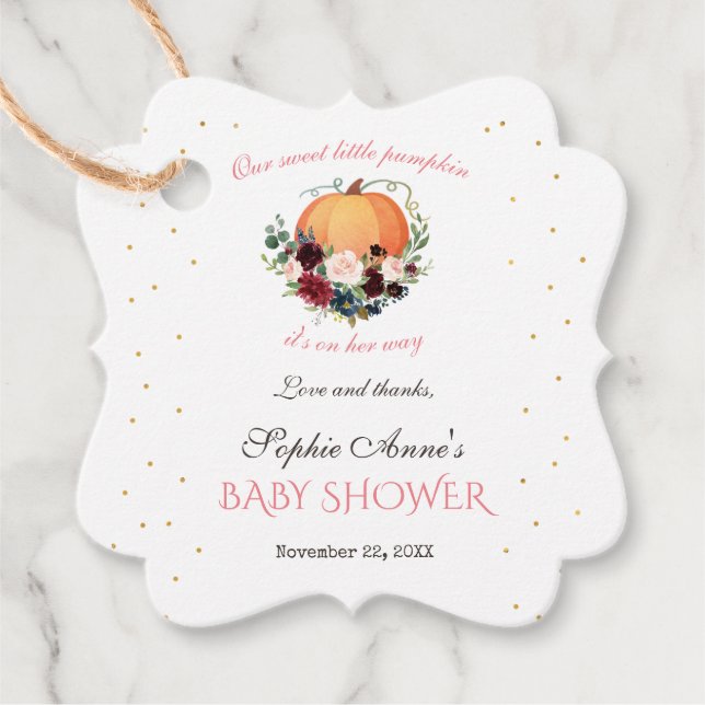Étiquettes Cadeau Girl Little Citrouille Bourgogne Baby shower flora (Devant)