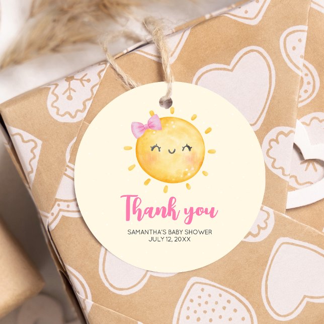 Étiquettes Cadeau Girl Little Ray of Sunshine Baby shower rond (Little Ray of Sunshine Boho Baby Shower Round Favor Tags)